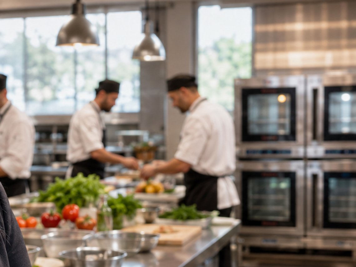 Equipe de cozinha preparando alimentos frescos em bancada de aço inoxidável